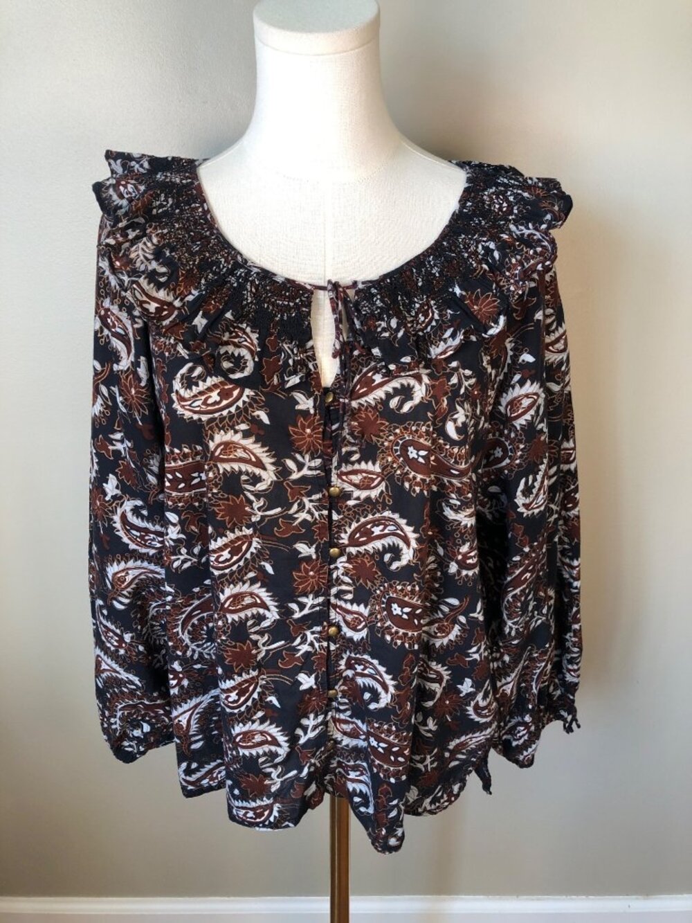 Cleobella Jillian Black Brown Paisley Organic Cotton Ruffle Blouse Size M Boho